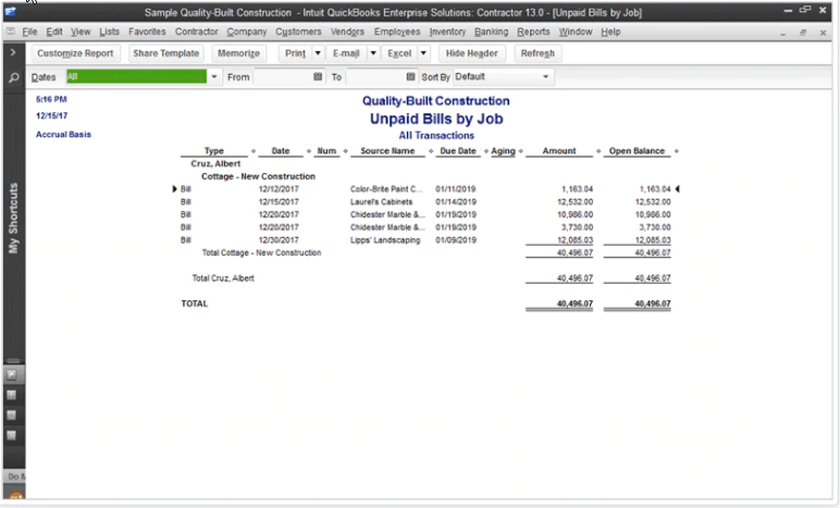 Unpaid Bills By Job